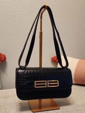 Balenciaga Black Croc-Embossed Shoulder Bag with Gold Hardware - Authentic